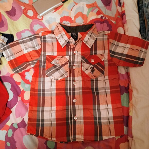 US Polo Assn Boys Dress Shirt, 2T, Red Grey white Plaid, Gently Used - Picture 1 of 4